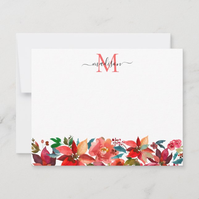 Red Poinsettia Christmas Floral Monogram Holiday Card (Front)