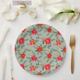 Red Poinsettia Christmas Floral Paper Plate