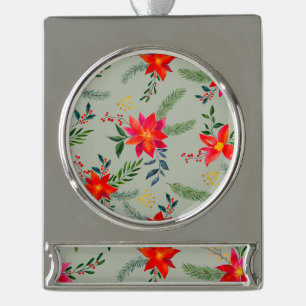 Red Poinsettia Christmas Floral Silver Plated Banner Ornament