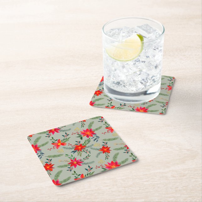  Red Poinsettia Christmas Floral Square Paper Coaster (Insitu)