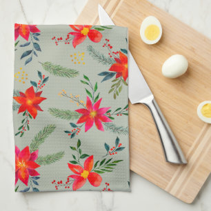 Red Poinsettia Christmas Floral Tea Towel