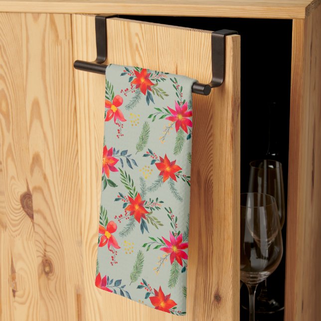  Red Poinsettia Christmas Floral Tea Towel (Thirds Fold)