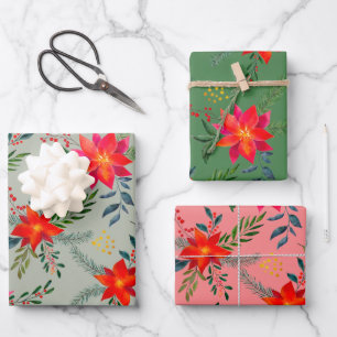  Red Poinsettia Christmas Floral Wrapping Paper Sheet