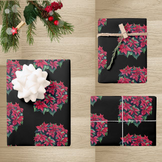 Red Poinsettia Christmas Flower On Black Wrapping Paper Sheet