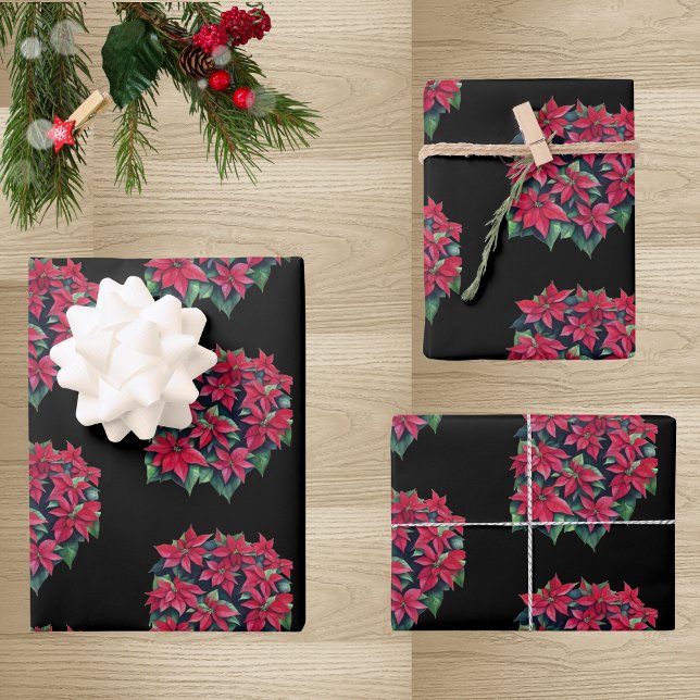 Red Poinsettia Christmas Flower On Black Wrapping Paper Sheet (Creator Uploaded)