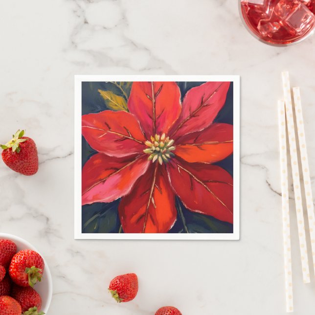 Red Poinsettia Christmas Flower Painted Napkin (Insitu)