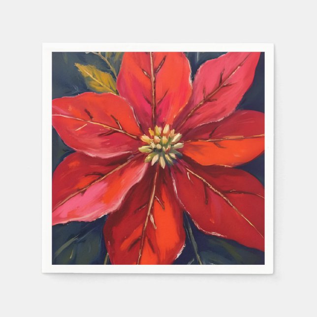 Red Poinsettia Christmas Flower Painted Napkin (Front)
