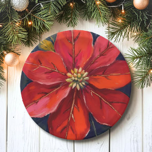 Red Poinsettia Christmas Flower Painted Paper Plate