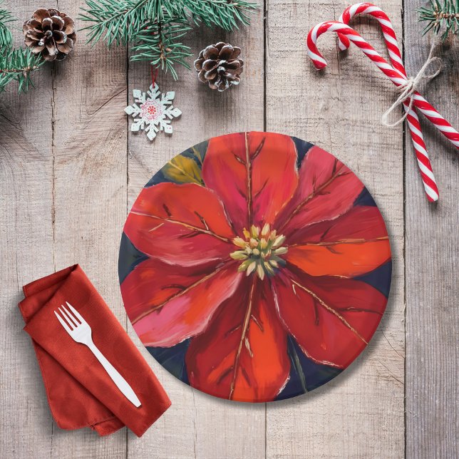 Red Poinsettia Christmas Flower Painted Paper Plate (Creator Uploaded)