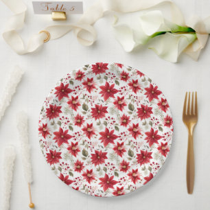 Red poinsettia Christmas Flowers Berries Holiday Paper Plate