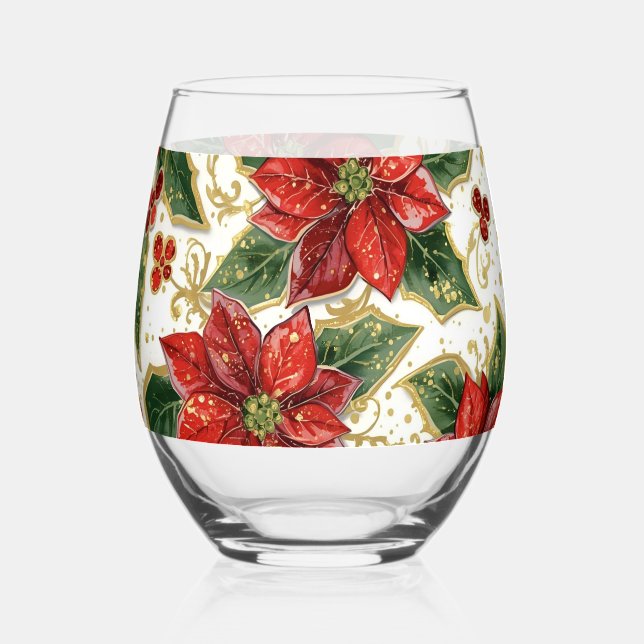 Red Poinsettia Christmas Flowers  Stemless Wine Glass (Front)