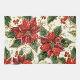 Red Poinsettia Christmas Flowers Tea Towel