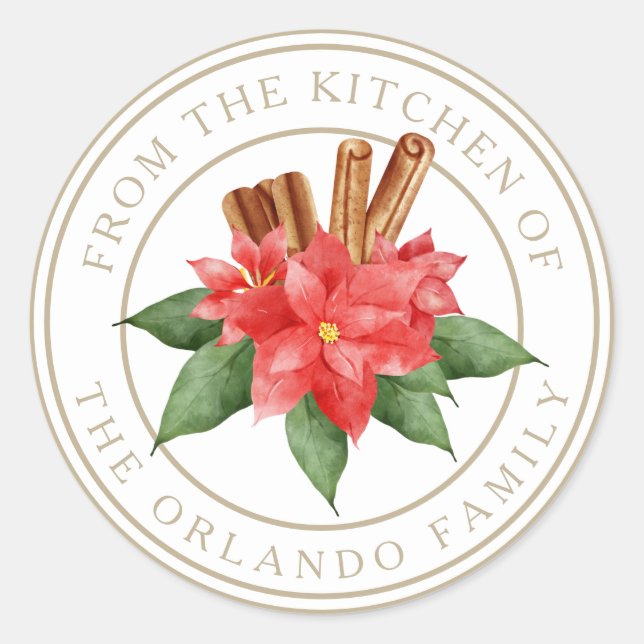 Red Poinsettia Christmas From the Kichen White Classic Round Sticker (Front)
