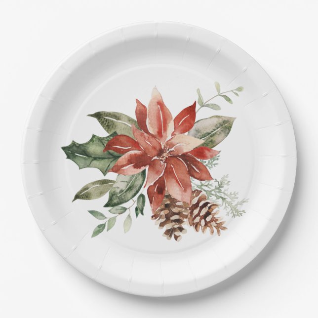 Red Poinsettia Christmas Greenery Paper Plate (Front)