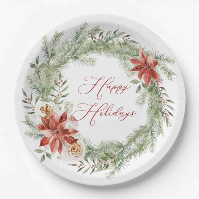 Red Poinsettia Christmas Greenery Wreath Paper Plate (Front)