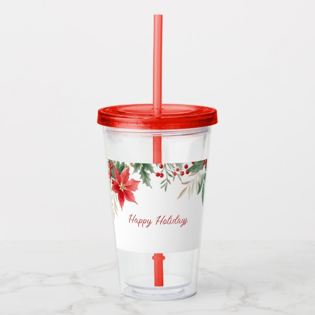 Red Poinsettia Christmas Holiday Acrylic Tumbler (Front)