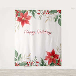 Red Poinsettia Christmas Holiday Backdrop Tapestry