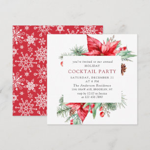 Red Poinsettia Christmas Holiday Cocktail Party Invitation