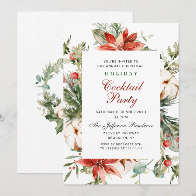 Red Poinsettia Christmas Holiday Cocktail Party Invitation (Front/Back)