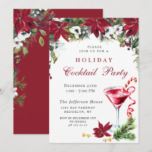 Red Poinsettia Christmas Holiday Cocktail Party Invitation