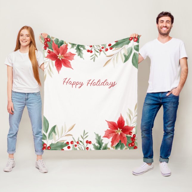 Red Poinsettia Christmas Holiday Fleece Blanket (In Situ)