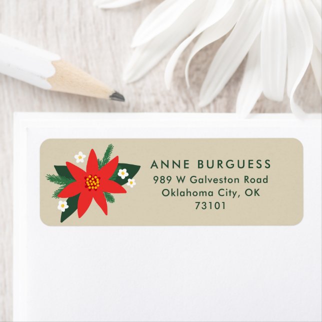 Red Poinsettia Christmas Holiday Mail Label (Insitu)