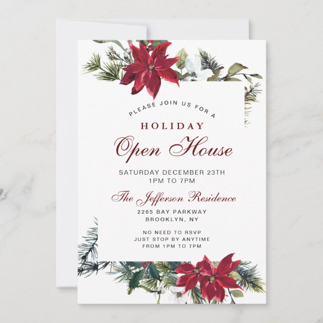 Red Poinsettia Christmas Holiday Open House Invitation (Front)