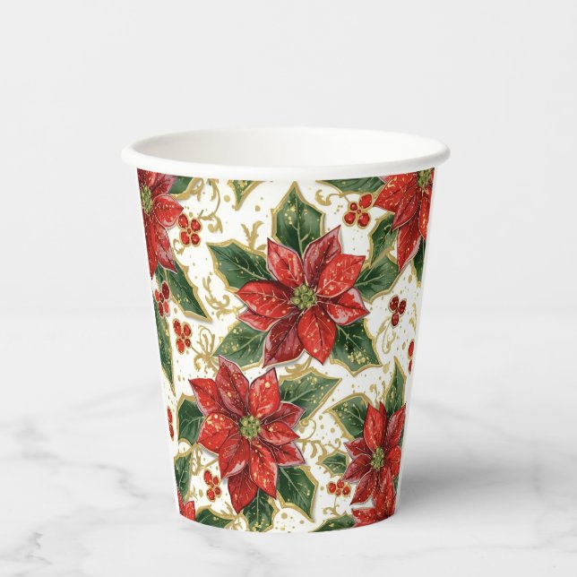 Red Poinsettia Christmas Holiday  Paper Cups (Front)