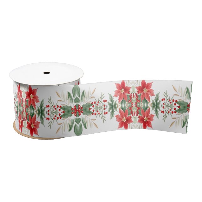 Red Poinsettia Christmas Holiday Satin Ribbon (Spool)