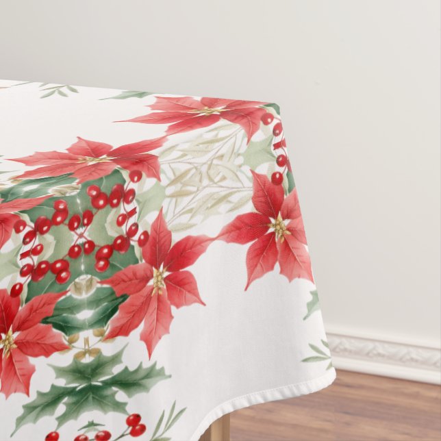 Red Poinsettia Christmas Holiday Tablecloth (In Situ)