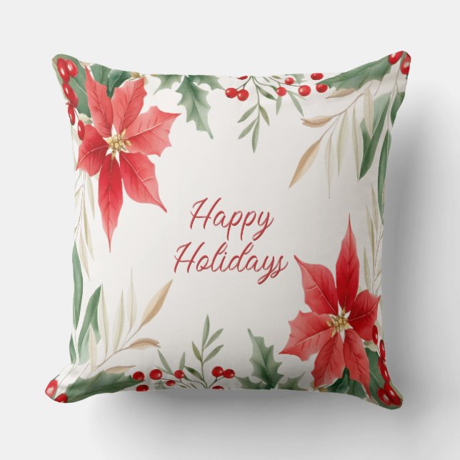 Red Poinsettia Christmas Holiday Throw Pillow (Front)