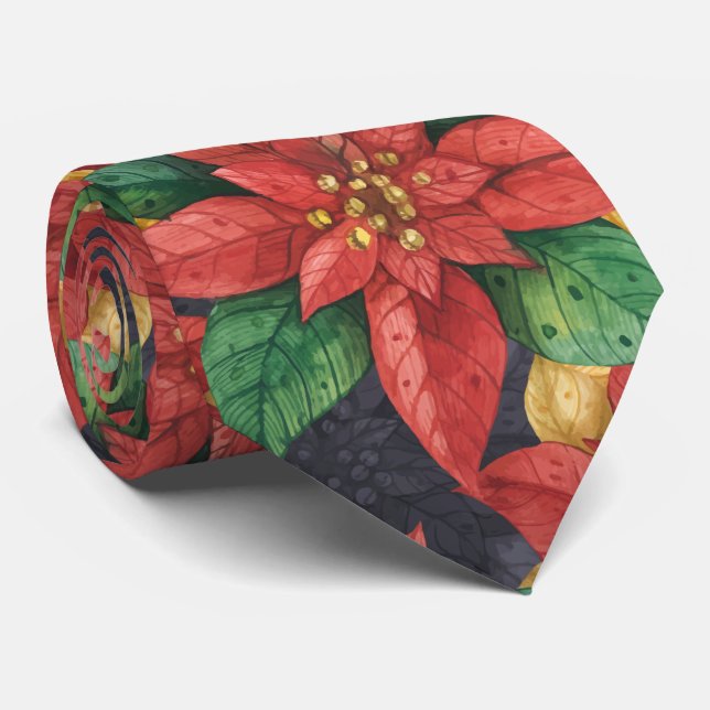 Red Poinsettia Christmas Holiday Tie (Rolled)