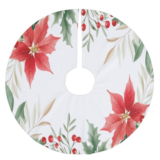 Red Poinsettia Christmas Holiday Tree Skirt (Front)