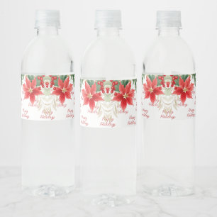 Red Poinsettia Christmas Holiday Water Bottle Label