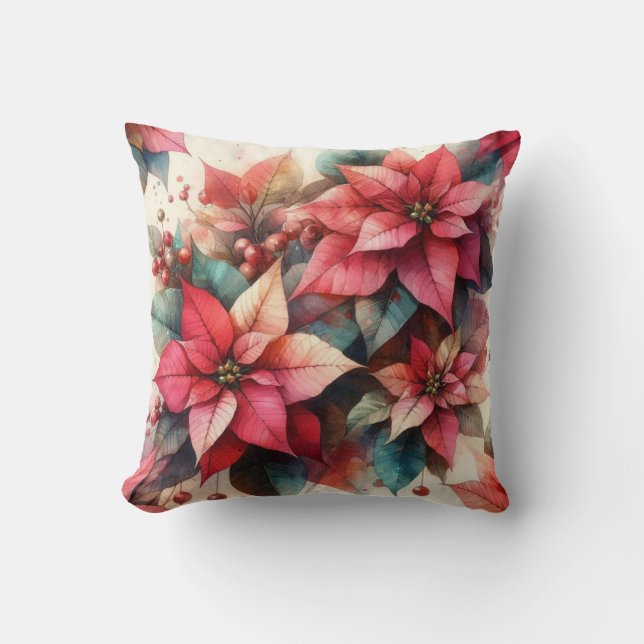 Red Poinsettia Christmas Holiday Winter Floral Cushion (Front)