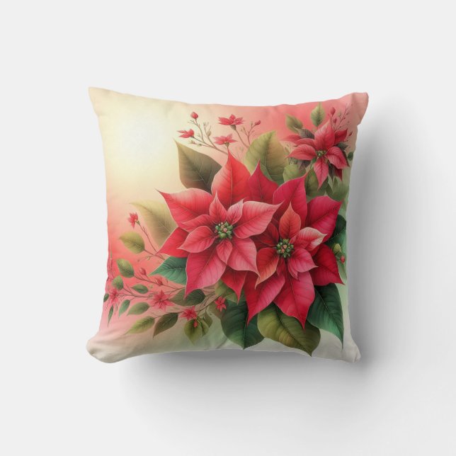 Red Poinsettia Christmas Holiday Winter Flowers  Cushion (Front)