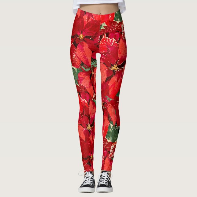 Red Poinsettia Christmas Leggings (Front)
