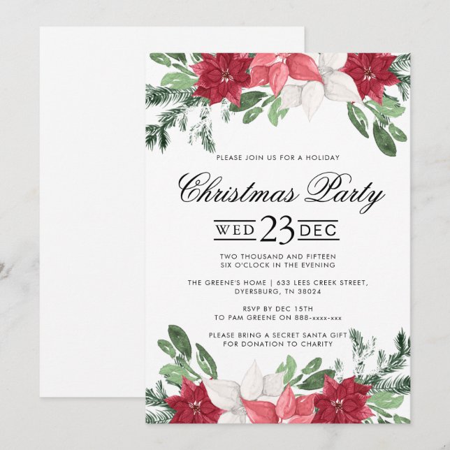 Red Poinsettia Christmas Party Invitation (Front/Back)