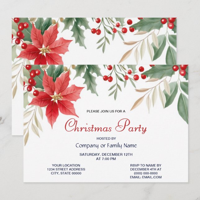 Red Poinsettia Christmas Party Invitation (Front/Back)