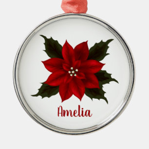 Red Poinsettia Christmas Personalised Metal Tree Decoration