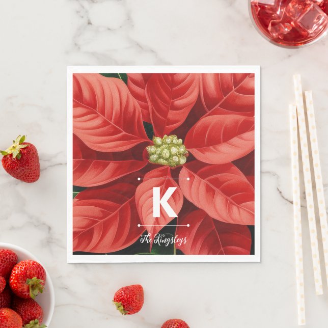 Red Poinsettia Christmas Personalised Monogram Napkin (Insitu)