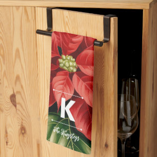 Red Poinsettia Christmas Personalised Monogram Tea Towel