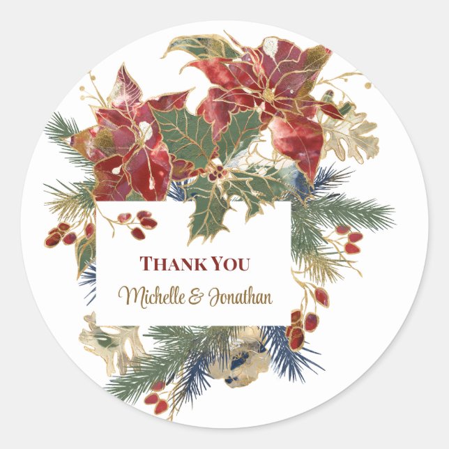 Red Poinsettia Christmas Personalised Thank You Classic Round Sticker (Front)
