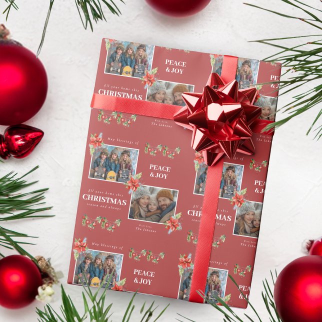 Red Poinsettia Christmas Photo Holiday Wrapping Paper (Creator Uploaded)