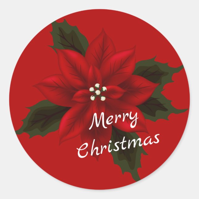 Red Poinsettia Christmas Red Classic Round Sticker (Front)