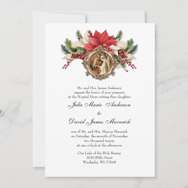 Red Poinsettia Christmas Religious Elegant Wedding Invitation (Front)