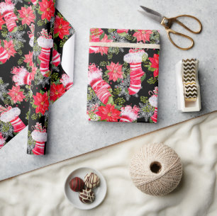 Red Poinsettia Christmas Stockings Black Floral Wrapping Paper