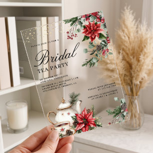 Red Poinsettia Christmas Tea Party Bridal Shower Acrylic Invitations