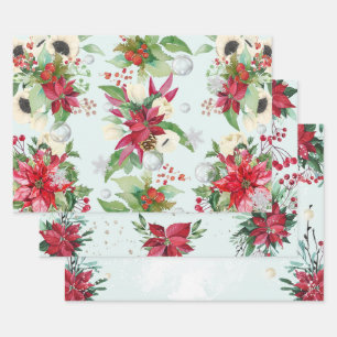 Red Poinsettia Christmas Themed Wrapping Paper Sheet