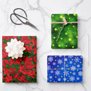 Red Poinsettia Christmas Tree Snowflakes elegant Wrapping Paper Sheet